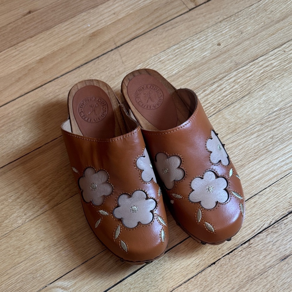 Penelope Chilvers Tan Leather Floral Mules from Sundance